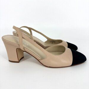 Marc Fisher Laynie Block Heel Pump Beige Black Size 7.5